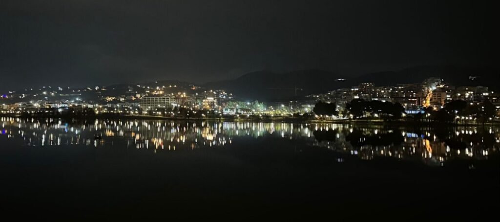 The Grand Lake of Tirana at night